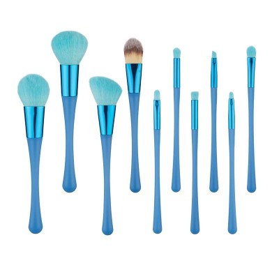 Private Label  Beauty Tools Premium Cosmetic 10pcs Blue Soft Synthetic Hair Plastic Handle Makeup Brush Set Professional