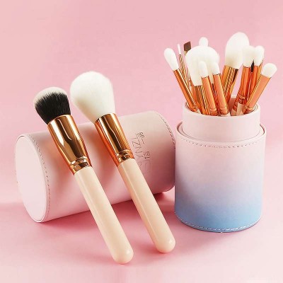 High Quality Wood Handle Pink Color Professional 15pcs Private Label Makeup Brush Set With Cylinder Case