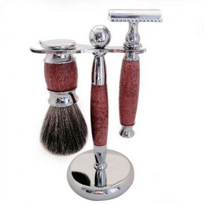 Private Label Men Wood Handle Chromium Plated Bracket Synthetic Hair Beard Brush Shaving Safety Razor Set with 1 pcs Blade