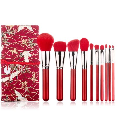 Private Label Cosmetic Products 10pcs Synthetic Hair Hot Red Christmas Make up Brush Set with Case