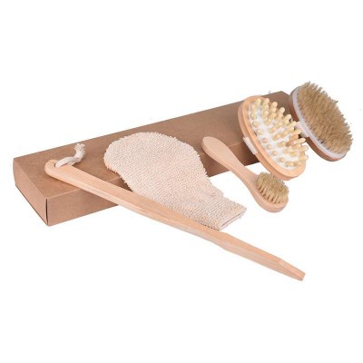 100% Natural 4pcs Set SPA Message Bath Brushes  Sponges Scrubbers Detachable Wooden Long Handle with Custom Logo