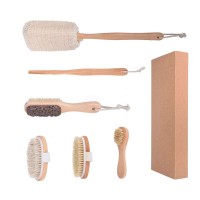 practical bathroom combination bath brush set natural bristle exfoliating brush wooden handle shower dry loofah body bath brush