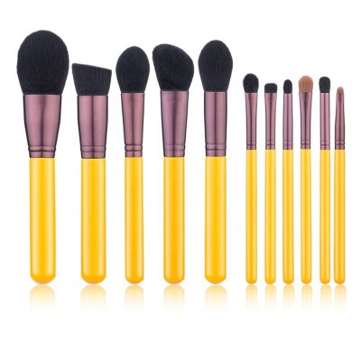 New Design Yellow Wood Handle Makeup Brushes Set 11pcs Synthetic hair Private Label Cosmetic Make Up Powder Blush Brushes Kit